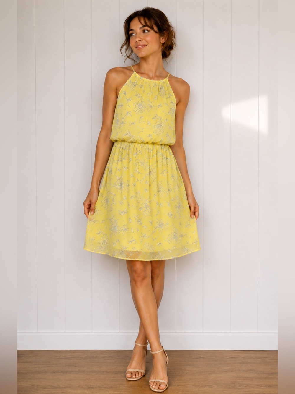 Francesca’s Blue Rain Yellow Floral Halter Dress Elastic Waist Summer Brunch L
